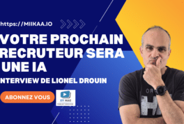 banner promoting an interview with lionel drouin about ai recruiters large white text orange subscribe button and a man on the right against a blueyellow geometric background