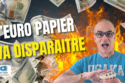 thumbnail a man in a blue shirt holds euro banknotes while flames surround flying money and bold italian text proclaims the euro disappearing