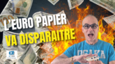 Thumbnail: a man in a blue shirt holds euro banknotes while flames surround flying money and bold Italian text proclaims the euro disappearing.