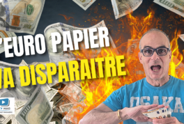 thumbnail a man in a blue shirt holds euro banknotes while flames surround flying money and bold italian text proclaims the euro disappearing