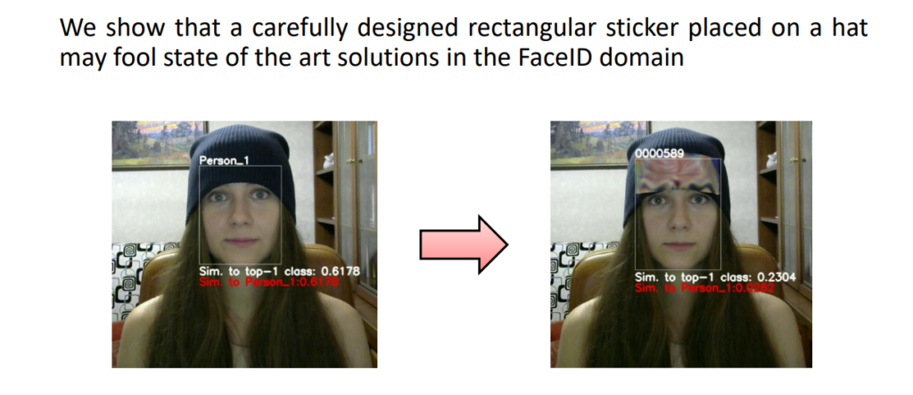 image | xy magazine demonstration of a rectangular sticker on a hat fooling faceid two side by side frames with an arrow between them