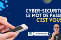 french cyber security banner large white and yellow text on blue background person thumbs up hands holding a smartphone xy magazine logo