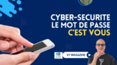 French cyber-security banner: large white and yellow text on blue background, person thumbs up, hands holding a smartphone, XY Magazine logo