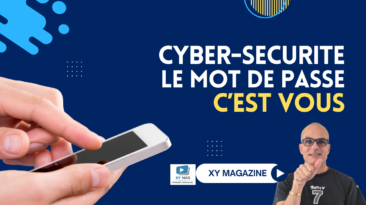 French cyber-security banner: large white and yellow text on blue background, person thumbs up, hands holding a smartphone, XY Magazine logo
