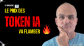 Thumbnail for a video: bold yellow text 'LE PRIX DES' and red 'TOKEN IA' with flame emoji, and a man thinking on the right on a black background.
