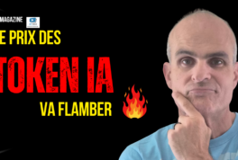Thumbnail for a video bold yellow text LE PRIX DES and red TOKEN IA with flame emoji and a man thinking on the right on a black background