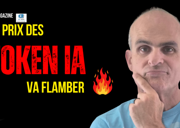 thumbnail for a video bold yellow text le prix des and red token ia with flame emoji and a man thinking on the right on a black background