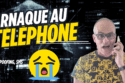 avertissement en français sur les arnaques téléphoniques homme au téléphone texte jaune arnaque au telephone et émoji criant en arrière plan numérique