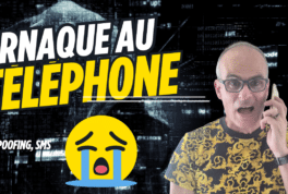Avertissement en français sur les arnaques téléphoniques homme au téléphone texte jaune ARNAQUE AU TELEPHONE et émoji criant en arrière plan numérique