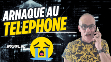 Avertissement en français sur les arnaques téléphoniques: homme au téléphone, texte jaune 'ARNAQUE AU TELEPHONE' et émoji criant en arrière-plan numérique.