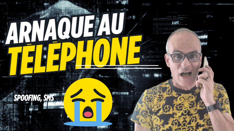 Avertissement en français sur les arnaques téléphoniques: homme au téléphone, texte jaune 'ARNAQUE AU TELEPHONE' et émoji criant en arrière-plan numérique.