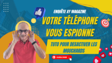 banner publicitaire en français femme homme à portrait sérieux texte  votre téléphone vous espionne  et bouton  subscribe  en bas