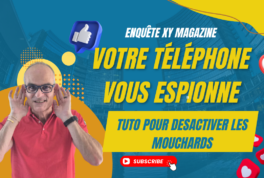 Banner publicitaire en français femme homme à portrait sérieux texte  Votre téléphone vous espionne  et bouton  Subscribe  en bas