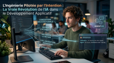 Développeur assis à son bureau, flux lumineux et textes sur l’IA et l’ingénierie pilotée par l’intention autour de lui.