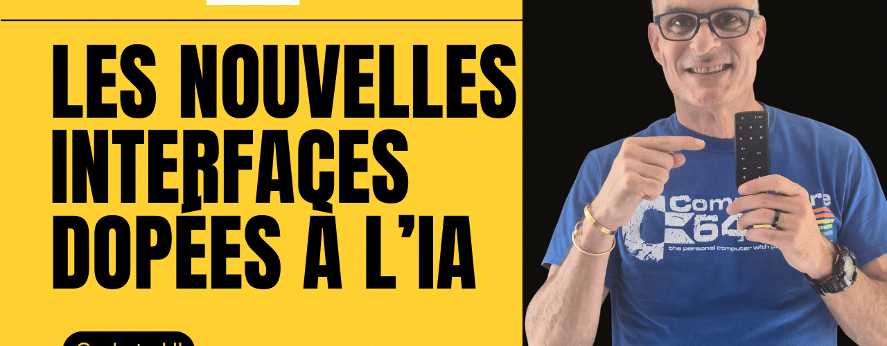Yellow panel with bold French headline about AI powered UI XY Magazine logo at top left and a man in blue holding a remote on the right