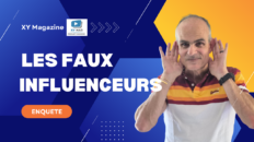 french banner for xy magazine large white text les faux influenceurs on blue geometric background man in a striped polo cupping his ears on the right orange enquete button