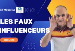 French banner for XY Magazine large white text LES FAUX INFLUENCEURS on blue geometric background man in a striped polo cupping his ears on the right orange ENQUETE button