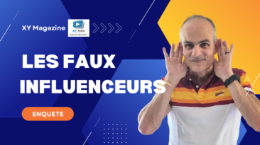 French banner for XY Magazine: large white text 'LES FAUX INFLUENCEURS' on blue geometric background, man in a striped polo cupping his ears on the right, orange 'ENQUETE' button.