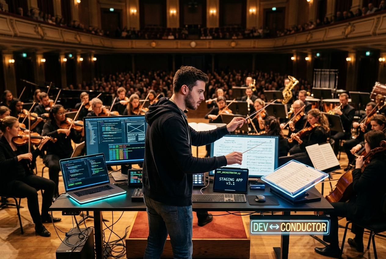 le développeur dapplication devient un chef dorchestre | XY Magazine Conductor at a tech desk directing a full orchestra in a concert hall with multiple monitors and laptops nearby