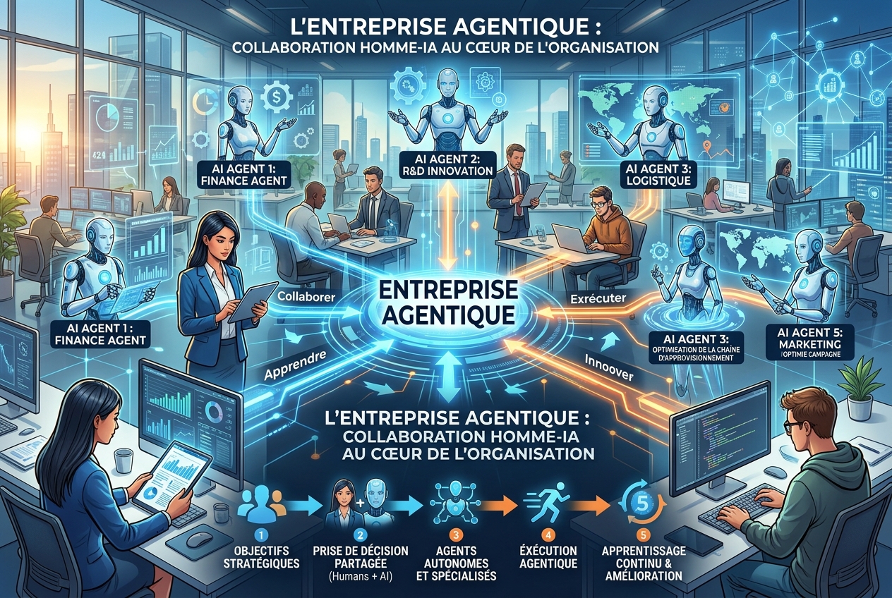 Illustrer la notion dentreprise agentique | XY Magazine Infographie futuriste montrant des agents IA et des humains collaborant autour dun cœur central Entreprise Agentique avec les rôles Finance RD Logistique et Marketing